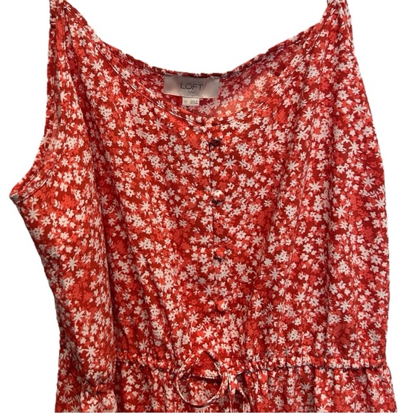 Loft Red Ditsy Floral Dress Midi Spaghetti Strap Drawstring Waist Size 12 - Picture 2 of 8